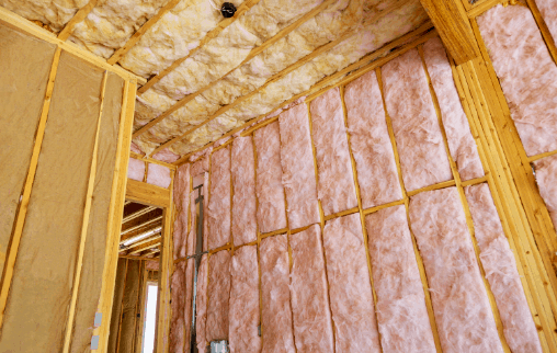Fiberglass insulation in walls and ceilings