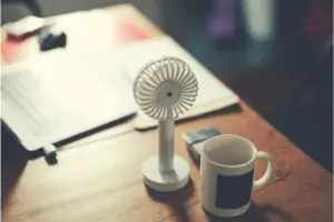 Quiet desk fan next to a cup on a desk