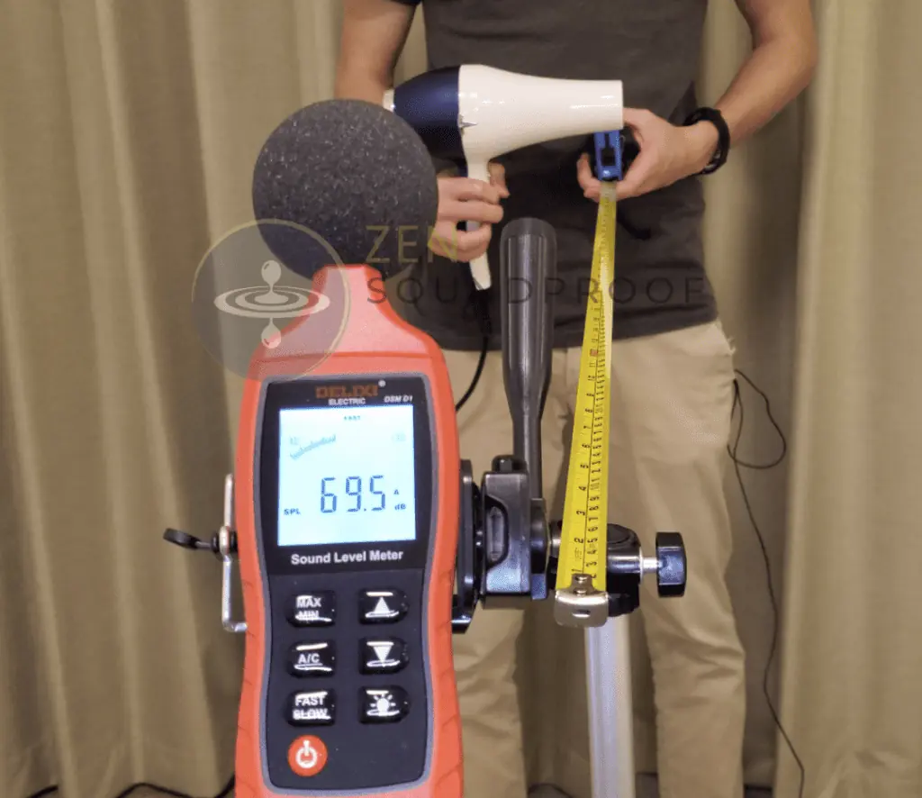 Noise measurement of the Xpoliman hair dryer at max speed, 3ft away from a decibel meter.