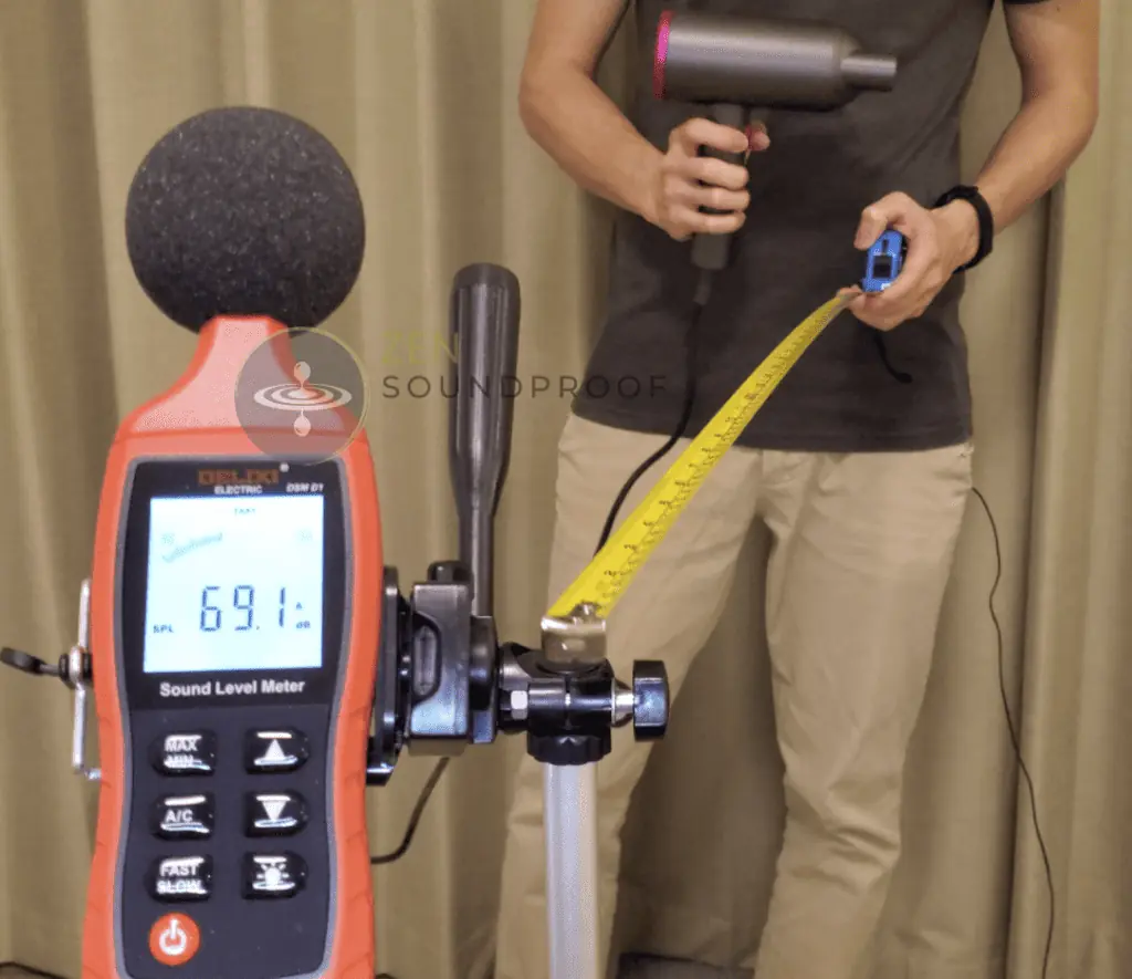 Noise measurement of the Siyoo hair dryer at min speed, 3ft away from a decibel meter.