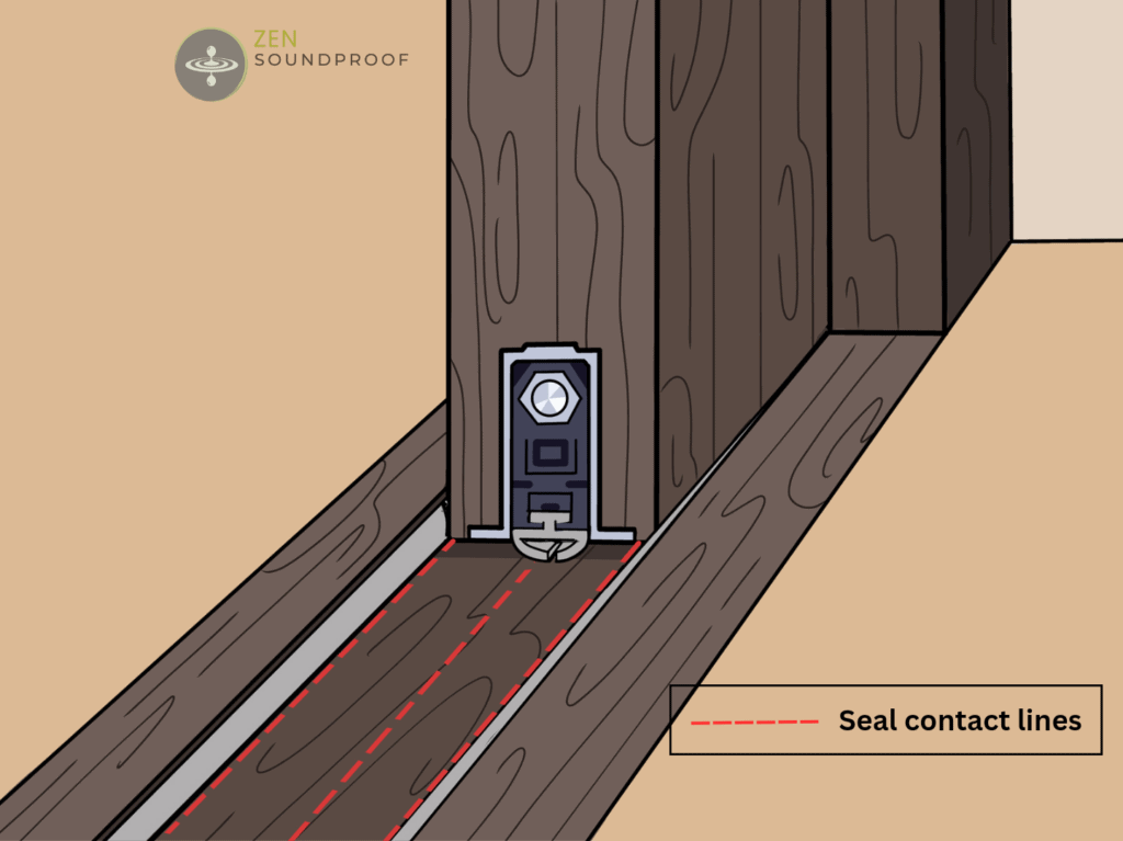 Illustration of a pocket door with an automatic bottom seal for soundproofing