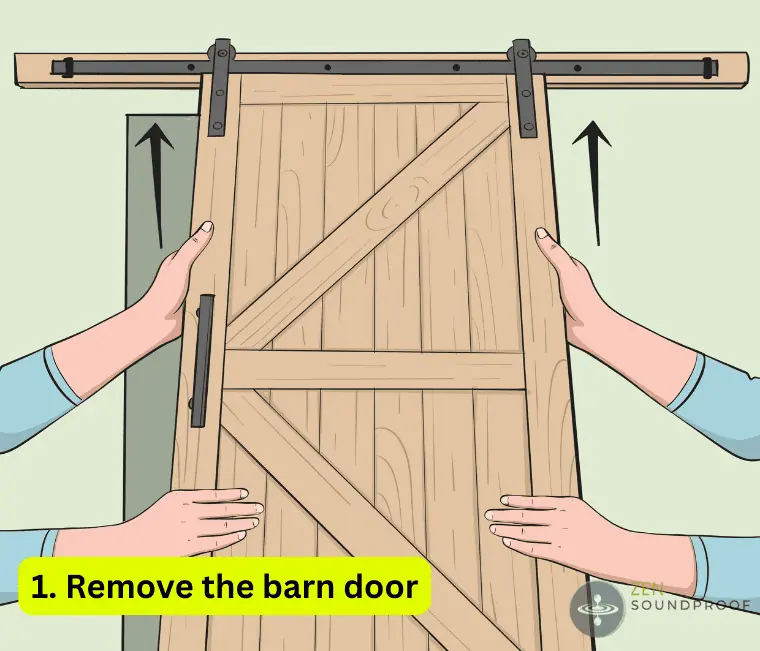 Illustration showing people the first step to soundproof a barn door: removing a barn door