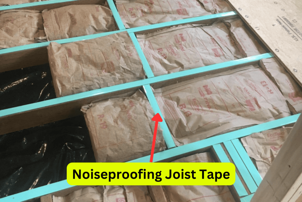 Joist tape in green on top of joist for sound decoupling