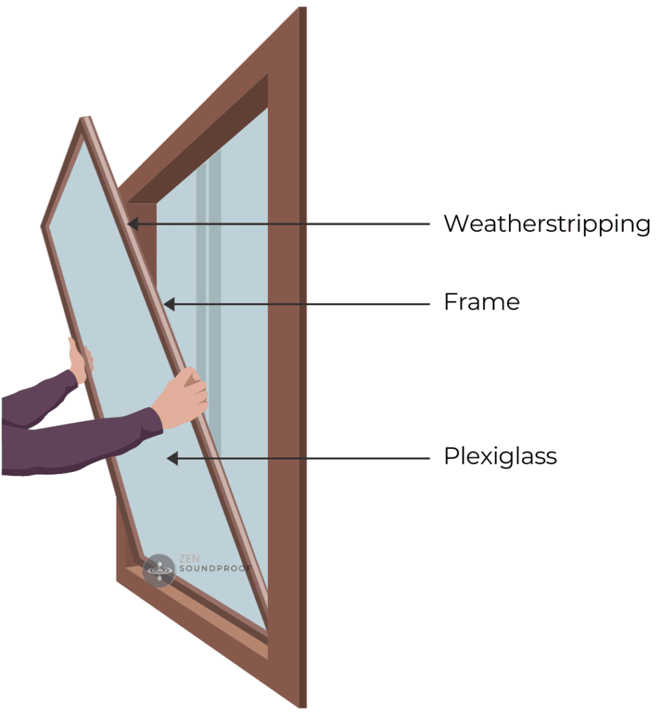 Man installing a window insert over his windows, with weatherstripping ensuring the seal between the window and insert.